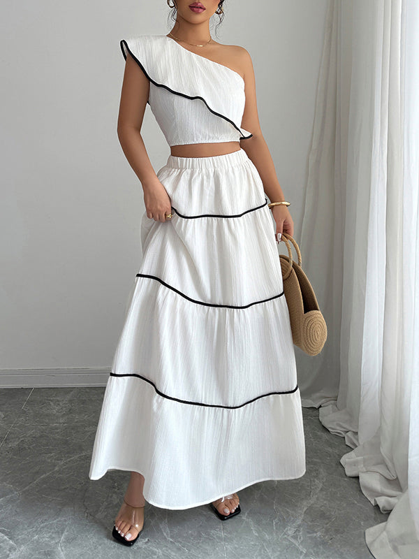 Sleeveless Elasticity Pleated One-Shoulder Vest Top + A-Line Skirts Bottom Two Pieces Set