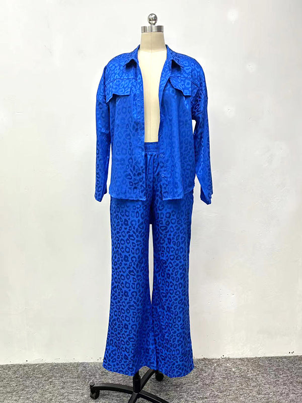 Loose Leopard Lapel Blouse Top + Wide Pants Trousers Two Pieces Set