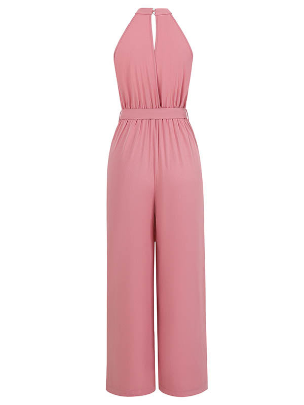 High Waisted Loose Pleated Solid Color Split-Front Tied Waist Halter-Neck Jumpsuits