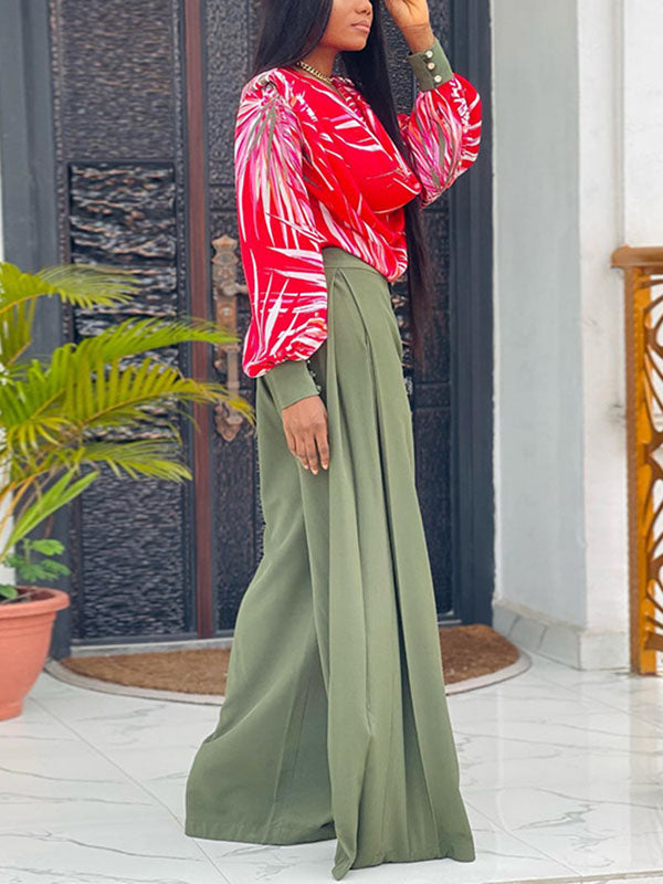 Long Sleeves Printed Heaps Collar Shirts Top + High Waisted Pants Bottom Two Pieces Set