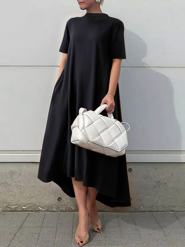 High-Low Short Sleeves Solid Color Maxi Dresses