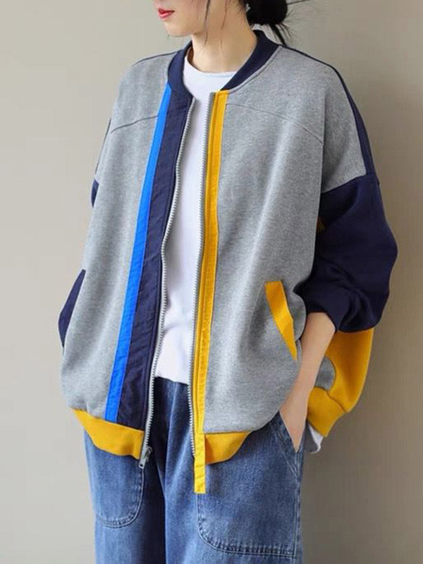 Casual Loose Contrast Color Split-Joint Stand Collar Long Sleeves Outwear