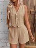 Sleeveless Split-Joint V-Neck Vest + High Waisted Pleated Shorts Two Pieces Set