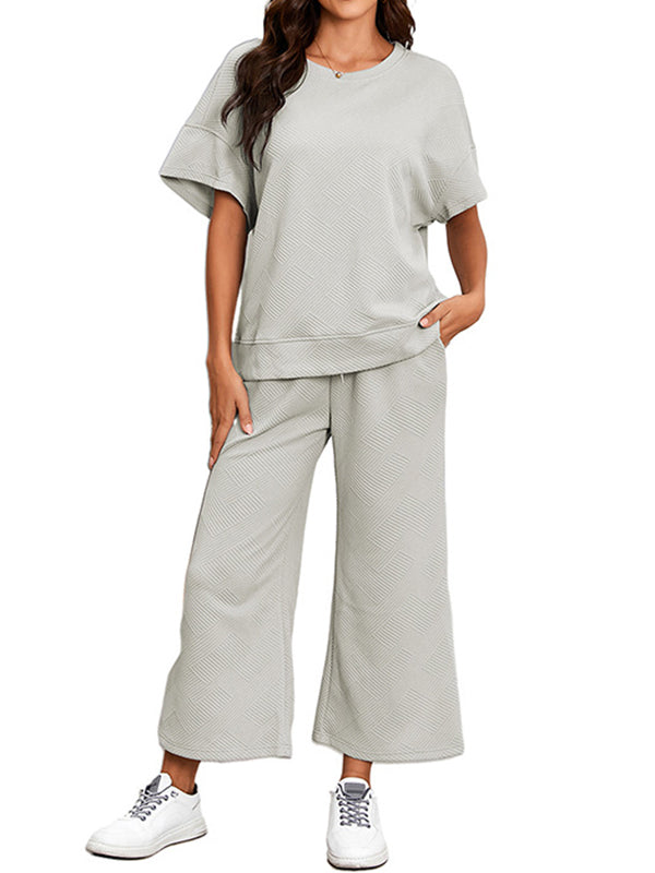 Loose Short Sleeves Solid Color Round-Neck T-Shirt Top + Drawstring Elasticity Pockets Pants Botttom Two Pieces Set