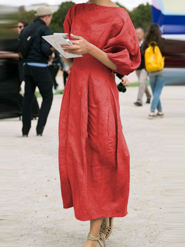 Half Sleeves Loose Solid Color Round-neck Maxi Dresses