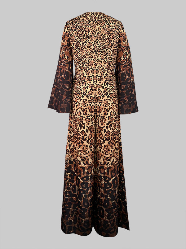 Flared Sleeves Long Sleeves Leopard Printed Round-Neck Jumpsuits