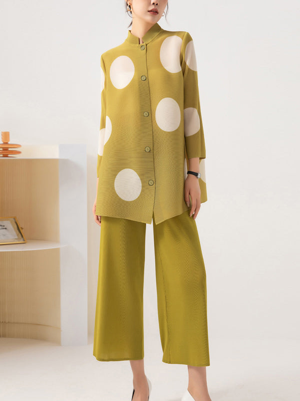 Long Sleeves Loose Pleated Polka Dot Stand Collar Top + Pants Bottomtwo Pieces Set