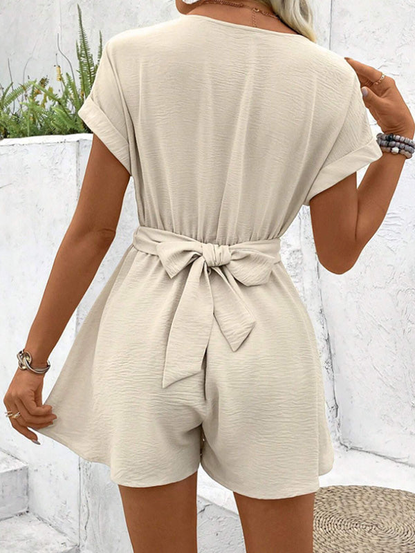 Loose Raglan Sleeve Pleated Solid Color Split-Joint V-Neck Rompers