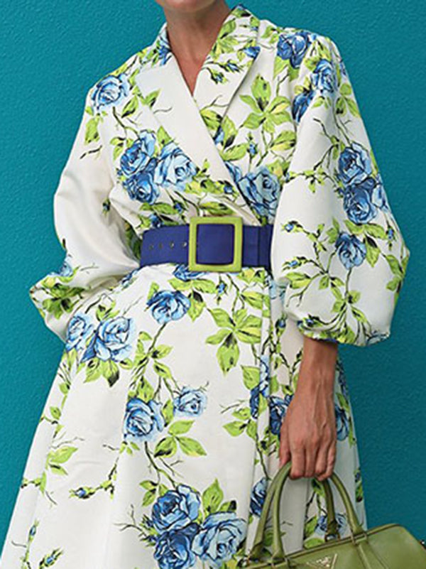 Batwing Sleeves Loose Pleated Printed Tied Waist Lapel Midi Dresses Shirt Dress