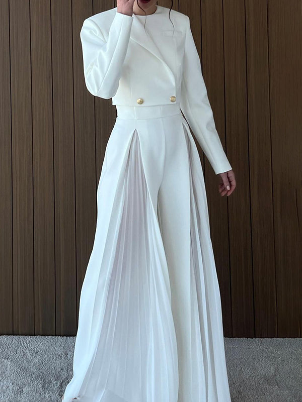 Long Sleeves Buttoned Solid Color Split-Joint Round-Neck Blazers Top + Zipper Wide Leg Mesh Pleated Pants Bottom Two Pieces Set
