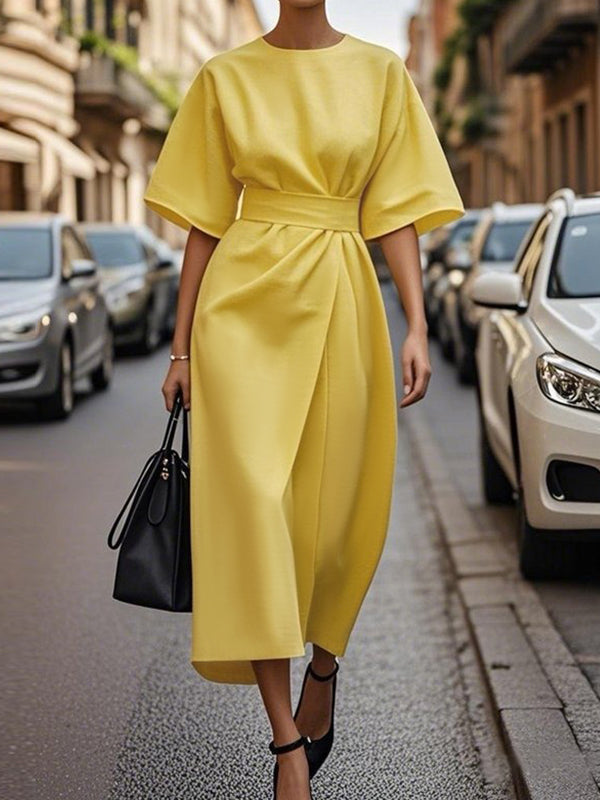 Loose Short Sleeves Pleated Solid Color Split-Joint Round-Neck Midi Dresses