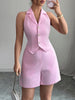 Sleeveless Backless Buttoned Solid Color Tied Notched Collar Vest Top + Elasticity Pockets Shorts Bottom Two Pieces Set