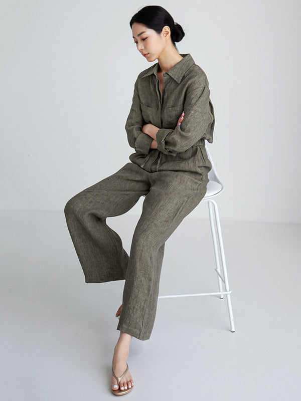 Urban Linen Drawstring Elastic Waisted Wide Leg Long Sleeves Jumpsuits
