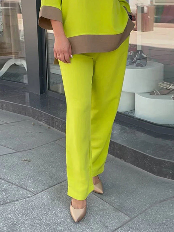 Loose Contrast Color Three-Quarter Sleeves Split-Side Round-Neck Shirts Top + Pants Bottom Two Pieces Set