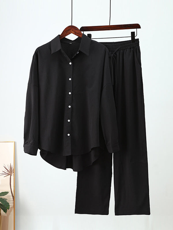 Solid Color High-Low Long Sleeves Lapel Blouses + Drawstring Pants Two Pieces Set
