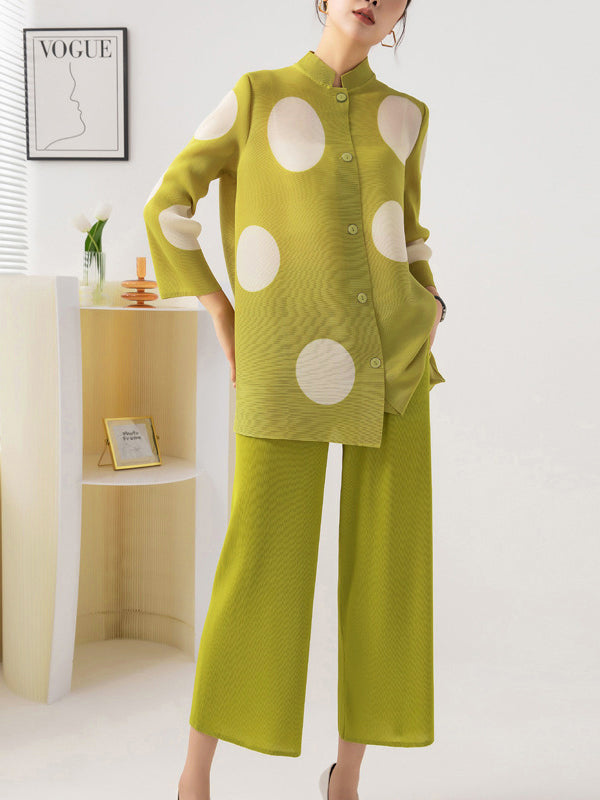 Long Sleeves Loose Pleated Polka Dot Stand Collar Top + Pants Bottomtwo Pieces Set