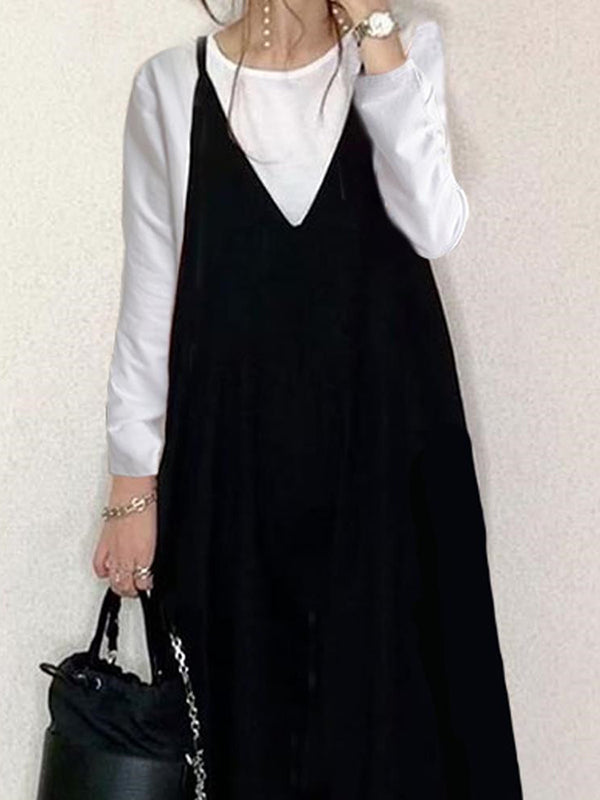 Loose Sleeveless Solid Color Split-Joint Spaghetti-Neck Overalls