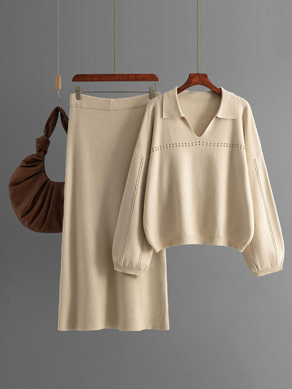 Loose Puff Sleeves Hollow Solid Color Sweater + Elasticity Skirt Two Pieces Set