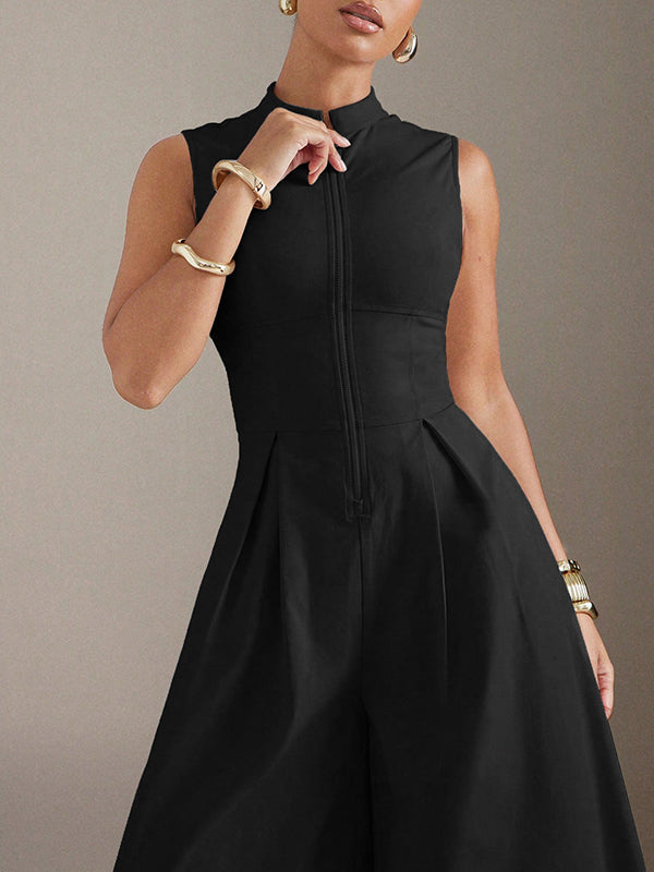 Sleeveless Wide Leg Pleated Solid Color Split-Joint Zipper Round-Neck Jumpsuits