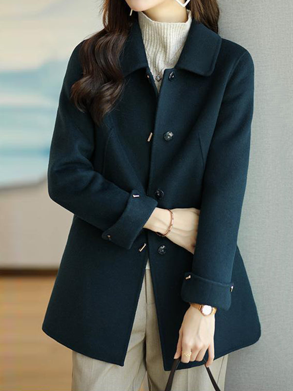 Long Sleeves Loose Buttoned Pockets Solid Color Lapel Woolen Coat