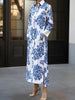 Long Sleeves Buttoned Printed Split-side Lapel Maxi Dresses Shirt Dress