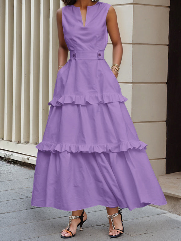 A-Line High Waisted Buttoned Pleated Pockets Solid Color Split-Joint V-Neck Maxi Dresses
