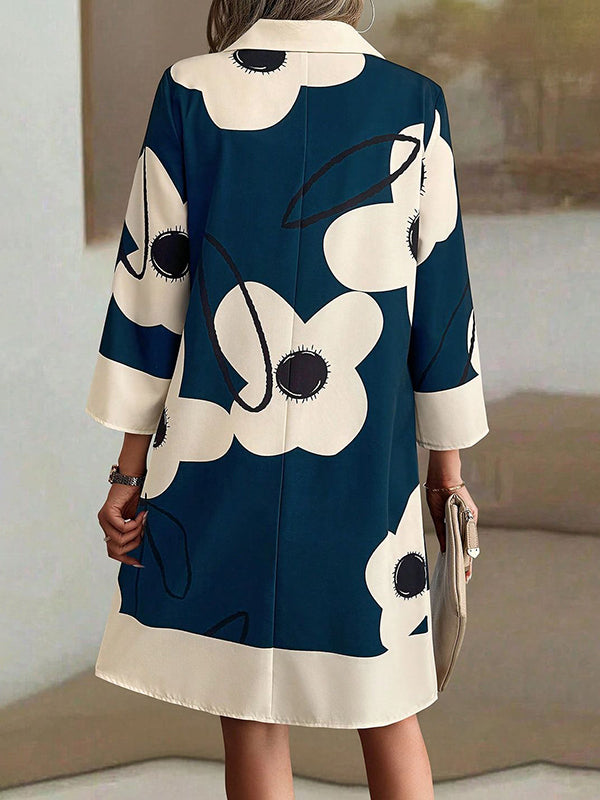 A-Line Loose Buttoned Flower Print Stand Collar Mini Dresses