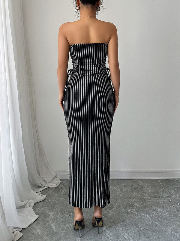 Sleeveless Contrast Color Striped Tube Top + Split-Side Drawstring Bodycon Skirts Bottom Two Pieces Set