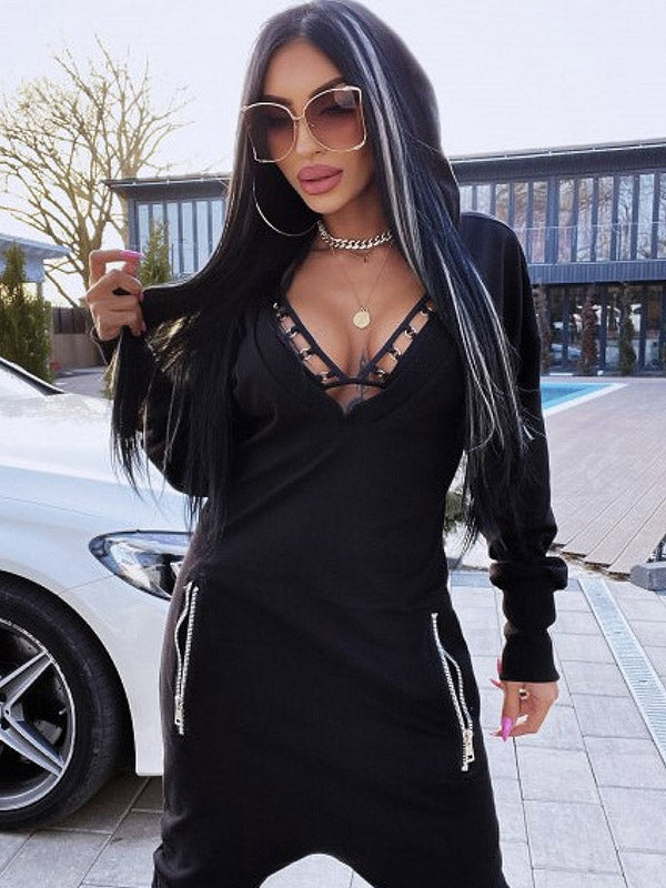 V-Neck Hollow Hooded Pocket Long Sleeve  Athletic Jumpsuit