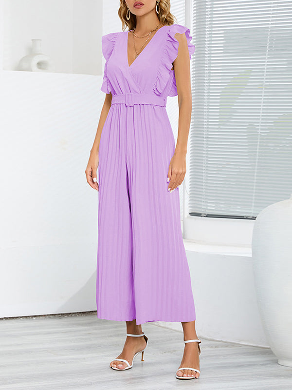 High Waisted Loose Belted Pleated Ruffled Solid Color V-Neck Jumpsuits