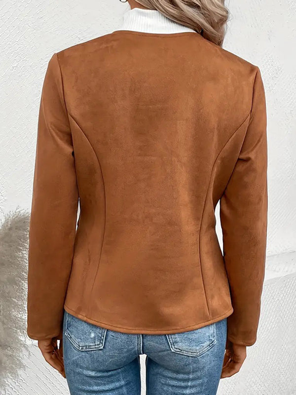 Long Sleeves Loose Pockets Solid Color Split-Joint Zipper Round-Neck Jackets Outerwear