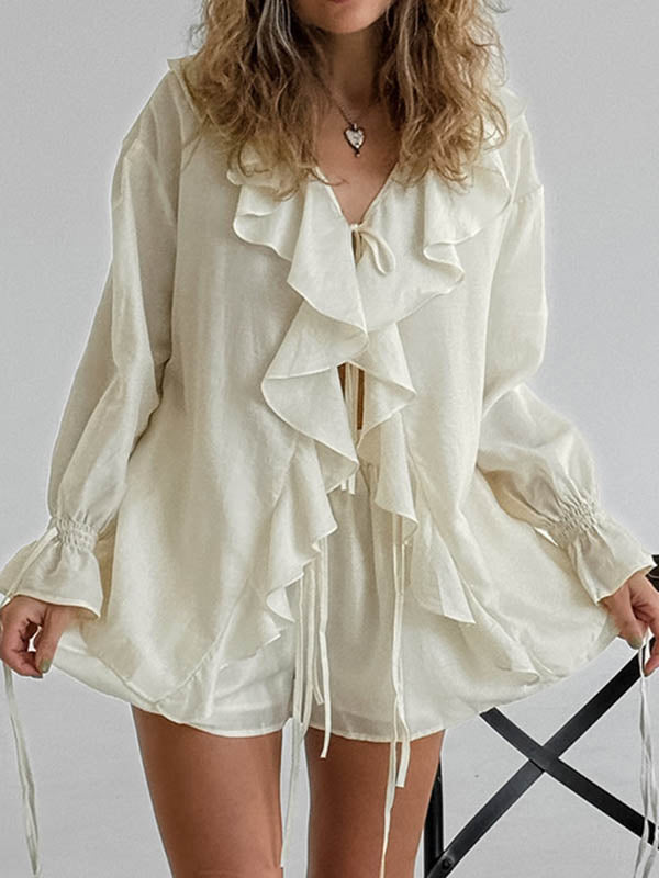 Long Sleeves Loose Ruffle Trim Solid Color Tied V-Neck Blouses&Shirts Tops + Elasticity Shorts Bottom Two Pieces Set