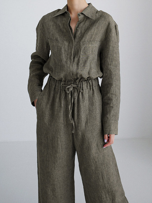 Urban Linen Drawstring Elastic Waisted Wide Leg Long Sleeves Jumpsuits