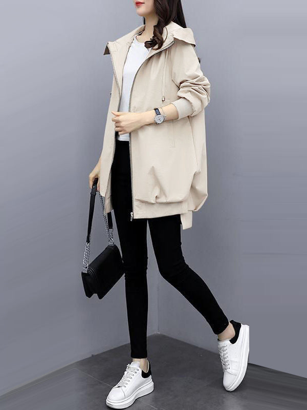 Casual Loose 4 Colors Pleated Zipper Hooded Long Sleeves Outwear