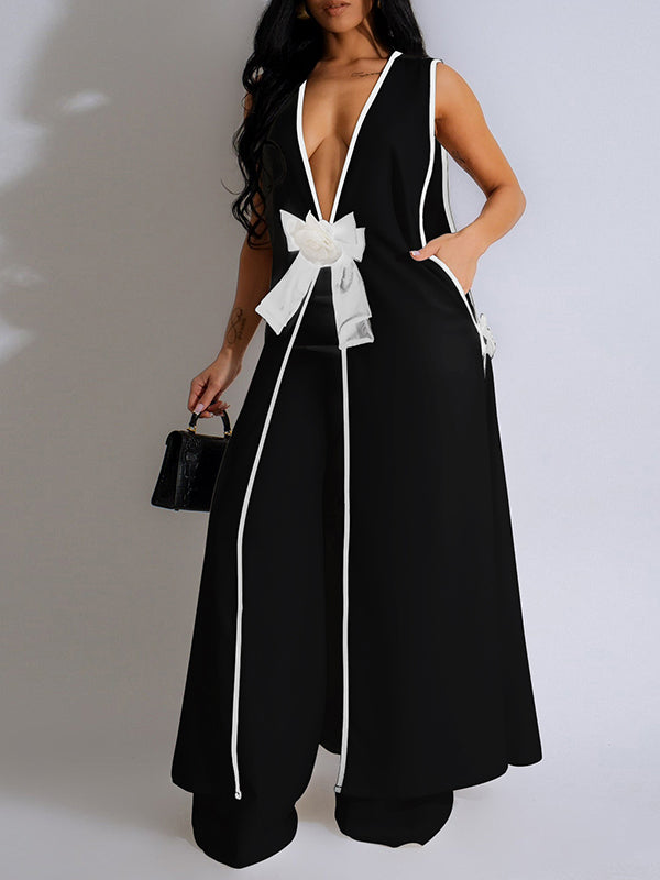 Sleeveless Contrast Color Split-Joint V-Neck Top + Wide Leg Pants Trousers Two Pieces Set