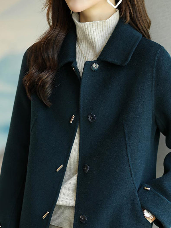 Long Sleeves Loose Buttoned Pockets Solid Color Lapel Woolen Coat