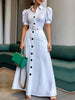 Puff Sleeves Short Sleeves Belted Buttoned Solid Color Lapel Maxi Dresses Shirt Dress