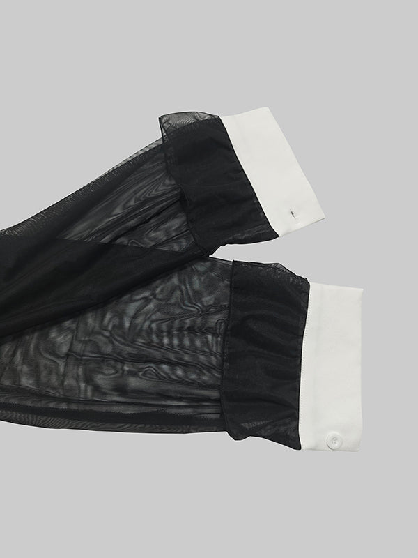 Long Sleeves Buttoned See-Through Solid Color Split-Side Lapel Maxi Dresses Shirt Dress