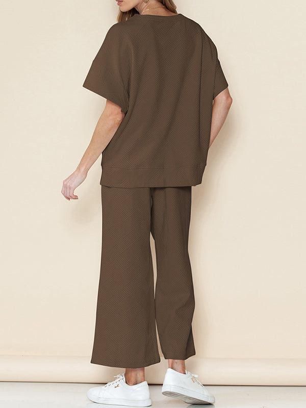 Loose Short Sleeves Solid Color Round-Neck T-Shirt Top + Drawstring Elasticity Pockets Pants Botttom Two Pieces Set