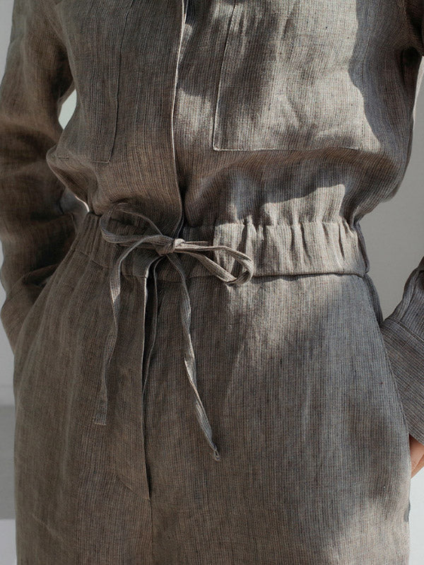 Urban Linen Drawstring Elastic Waisted Wide Leg Long Sleeves Jumpsuits