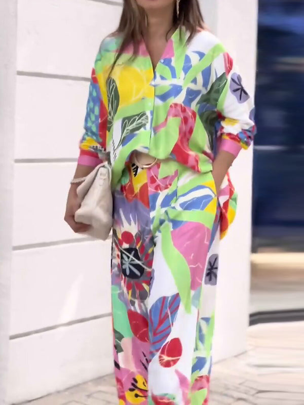Contrast Color Printed Long Sleeves Buttoned Lapel Blouses Top+ High Waisted Pants Bottom Two Pieces Set