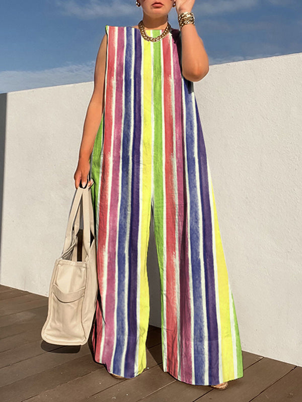 Loose Sleeveless Contrast Color Striped Jumpsuits