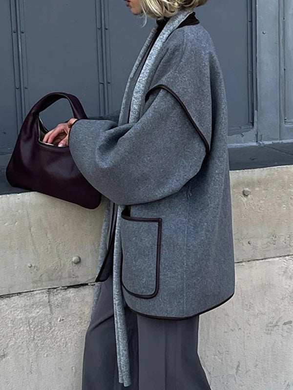 Long Sleeves Loose Pockets Solid Color Split-Joint Tied Waist V-neck Woolen Coat