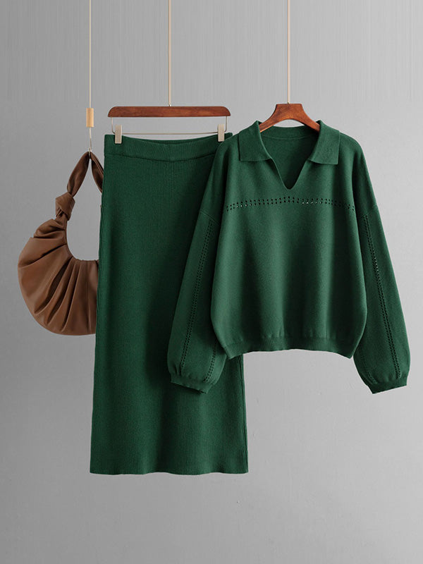 Loose Puff Sleeves Hollow Solid Color Sweater + Elasticity Skirt Two Pieces Set
