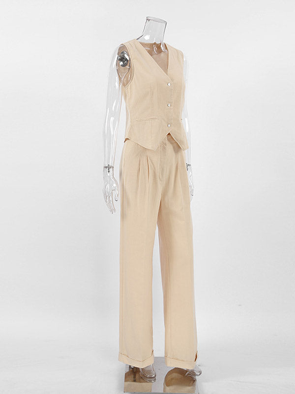 Loose Solid Color Split-Joint V-Neck Top+ Pleated High Waisted Vest Top + Pants Bottom Two Pieces Set