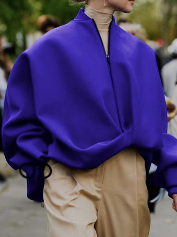 Loose Puff Sleeves Asymmetric Split-Joint Zipper Stand Collar Outerwear