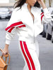Long Sleeves Loose Split-Joint Striped Zipper Stand Collar Jackets Outerwear