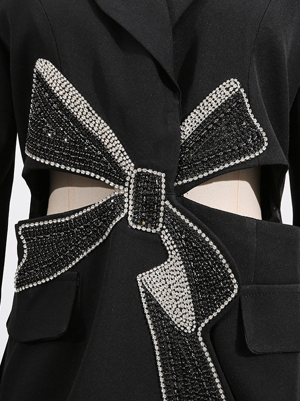 Long Sleeves Hollow Rhine Stones Notched Collar Blazer Outerwear