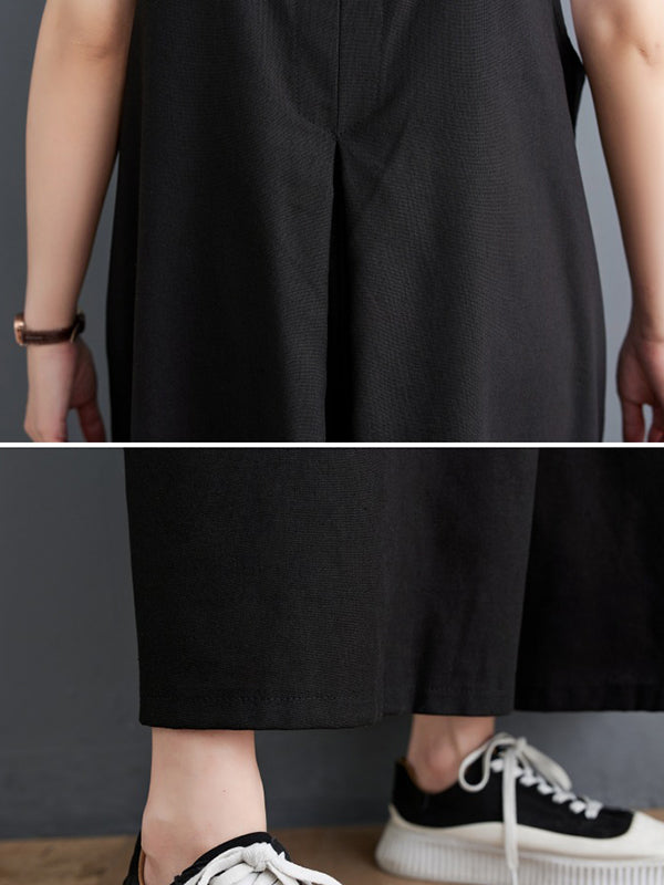 Ninth Pants Wide Leg Buttoned Solid Color Spaghetti-Neck Overalls