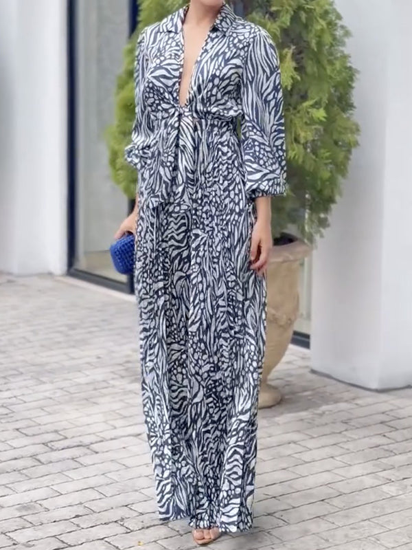 Loose Puff Sleeves Pleated Printed Split-Joint Deep V-Neck Jumpsuits